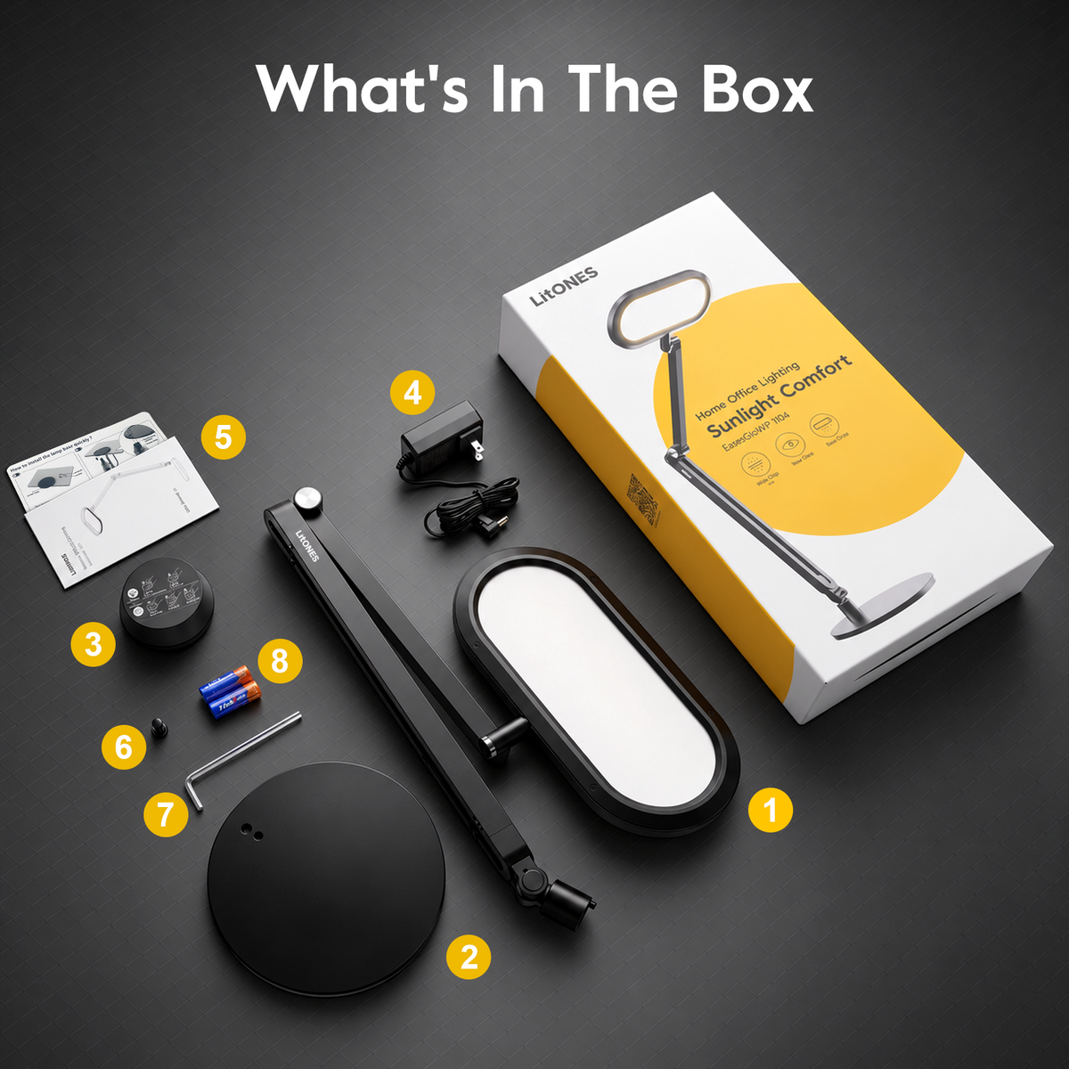 H04 lamp and included accessories laid out beside the product box.