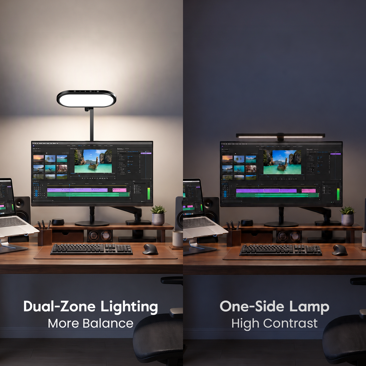 A workspace comparison showing dual-zone lighting and single-sided lighting.