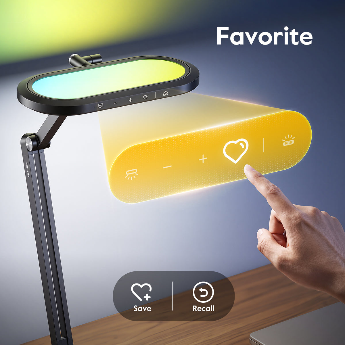 The Favorite button on the H04 lamp head saves and recalls a light combination.