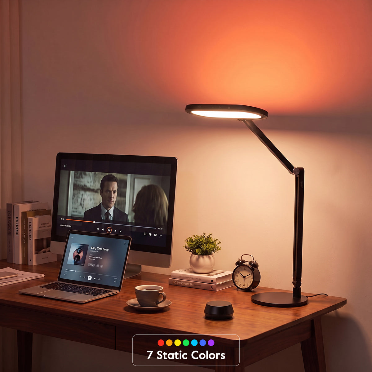 H04 creates a warm after-work desk atmosphere with static ambient color.
